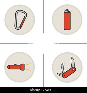 Camping equipment color icons set. Carabiner, lighter, pocket knife and flashlight. Tourists's tools. Vector isolated illustrations Stock Vector
