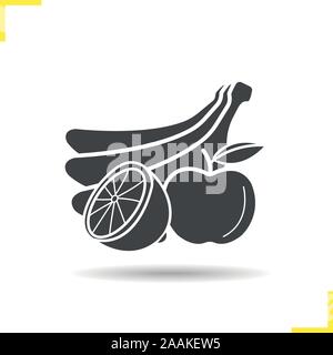 Fruit icon. Drop shadow bananas, apple and orange silhouette symbol. Exotic and agricultural fruit. Vector isolated illustration Stock Vector