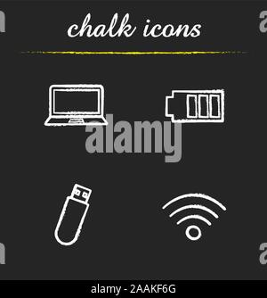 Computer icons set. Laptop, battery charge level, usb flash drive and wi fi signal illustrations. Isolated vector chalkboard drawings Stock Vector