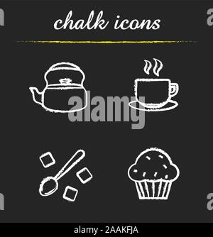 Tea and coffee icons set. Kettle, steaming cup, spoon with raffinade sugar and muffin illustrations. Coffee and tea isolated vector chalkboard drawing Stock Vector