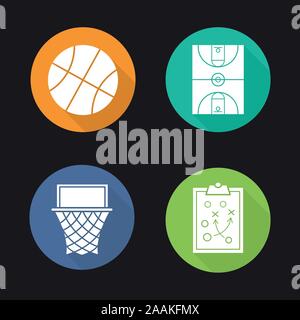 Basketball flat design long shadow icons set. Basketball hoop, field, ball and clipboard game plan. Vector symbols Stock Vector