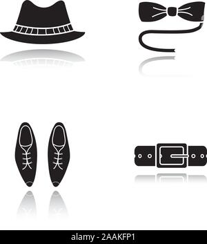 Men's accessories drop shadow black icons set. Homburg hat, butterfly tie, classic shoes and leather belt. Isolated vector illustrations Stock Vector