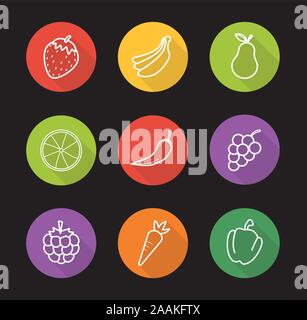 Fruit and vegetables store flat linear long shadow icons set. Strawberry, bananas, pear, orange, hot pepper, grapes, raspberry, carrot and bell pepper Stock Vector