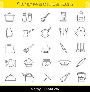 Kitchenware linear icons set. Kitchen tools and appliances thin line contour symbols. Household cooking utensil. Tea and coffee items. Restaurant chef Stock Vector