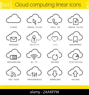Cloud computing linear icons set. Mouse click, bookmarks and statistics symbols. Recharging, wi fi and upload signs. Thin line contour symbols. Isolat Stock Vector
