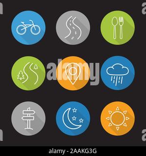 Camping flat linear long shadow icons set. Bike, highway, fork and spoon, forest road, pinpoint, rain, signpost, moon with stars and sun. Vector line Stock Vector
