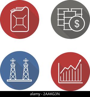 Oil industry flat linear long shadow icons set. Oil rig and barrels, petrol can, and growth chart. Oil trade. Vector Stock Vector