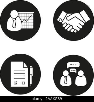 Business black icons set. Presentation with graph, handshake, signed contract and business talk symbols. Vector white silhouettes illustrations in cir Stock Vector