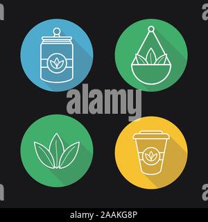 Tea shop linear icons set. Tea container, loose tea leaves in jar and takeaway paper cup. Thin line. Isolated vector illustrations Stock Vector