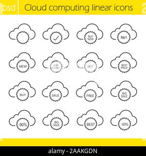 Cloud computing linear icons set. Buy now, best choice and best price. Buy, sale, free, new, hot and best icons. Thin line. Isolated vector illustrati Stock Vector