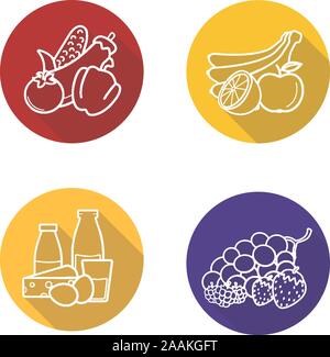 Grocery store products flat linear long shadow icons set. Vegetables, fruit, berries and dairy products. Vector line symbols Stock Vector