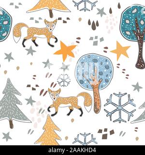 Seamless Pattern with cute hand drawn Fox. Scandinavian Style. Stock Vector
