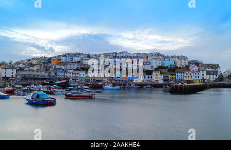 Colourful buildings in a small fishing town of Brixham in the county of Devon, in the south-west of England. Stock Photo
