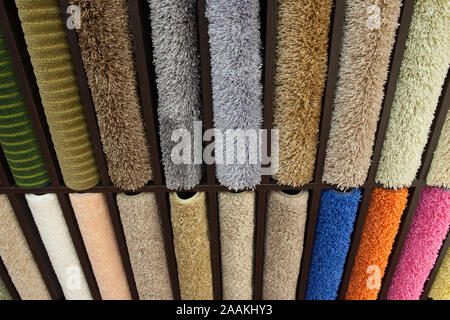 Colorful carpet samples in the store Stock Photo