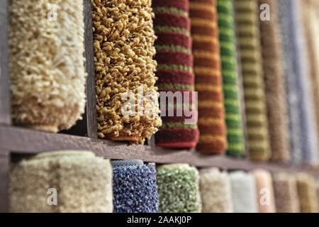 Colorful carpet samples in the store Stock Photo