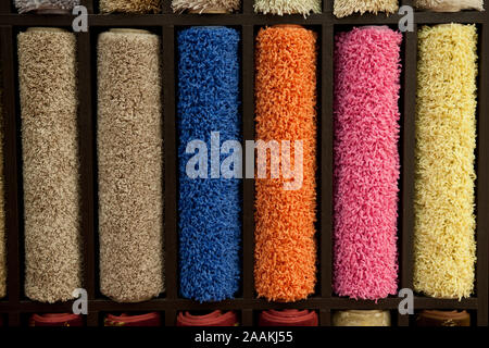 Colorful carpet samples in the store Stock Photo