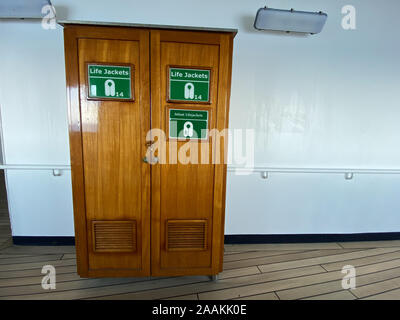 The lifejacket locker on a cruise ship where lifejackets are available in case of an emergency. Stock Photo