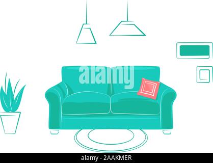 Interior comfortable living room in linear Flat design, trendy style. Concept real estate website template. Green Scandinavian sofa with red cushion focus. Line vector illustration isolated background Stock Vector