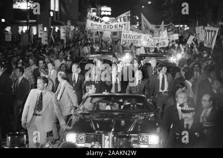 Democratic Presidential Nominee Jimmy Carter and Mayor Richard J. Daley ride in Torchlight Parade during Campaign Stop, Chicago, Illinois, USA, photograph by Thomas J. O'Halloran, September 9, 1976 Stock Photo