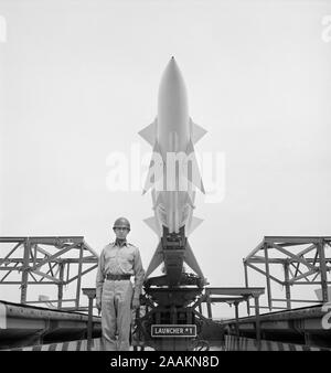 Army Soldier Standing Guard during Nike Missile Installation, Lorton, Virginia, USA, photograph by Thomas J. O'Halloran, May 1955 Stock Photo