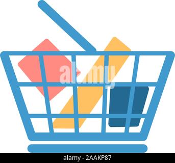 shopping basket with goods flat icon isolated on white background. Blue Full shop box for website design and development. Single simple market object. supermarket store element vector Illustration. Stock Vector