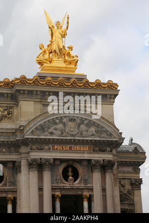 Paris, France - August 20, 2018:  Opera and famous palace called Palais Garnier with golden statue and text that means poem and lyric Stock Photo