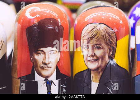 Angela Merkel and Mustafa Ataturk in the form of Russian nesting dolls in a souvenir shop in Moscow. Relations between Germany and Turkey. Stock Photo