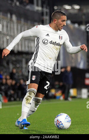 London, UK. 22nd Nov, 2019. Anthony Knockaert of Fulham in action. EFL Skybet championship match, Fulham v Queens Park Rangers at Craven Cottage in London on Friday 22nd November 2019. this image may only be used for Editorial purposes. Editorial use only, license required for commercial use. No use in betting, games or a single club/league/player publications. pic by Steffan Bowen/Andrew Orchard sports photography/Alamy Live news Credit: Andrew Orchard sports photography/Alamy Live News Stock Photo
