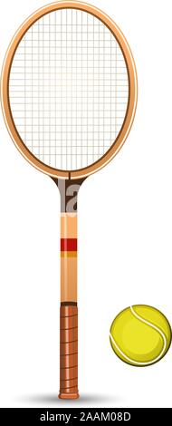 Retro tennis racket with yellow ball vector illustration. Stock Vector