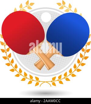 Ping pong laurel wreath with red and blue rackets and white ball vector illustration. Stock Vector