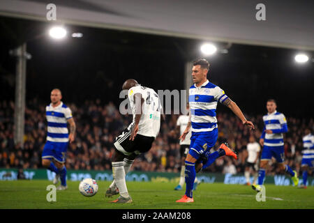 Fulham's Aboubakar Kamara scores his side's second goal of the game during the Sky Bet Championship match at Craven Cottage, London. Stock Photo