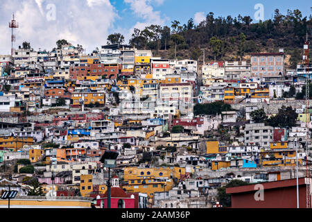 Colorful homes on the hillside overlooking the Plaza Independencia in Pachuca, Hidalgo State, Mexico.