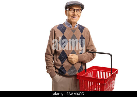 Elderly man smiling and holding a shopping basket isolated on white background Stock Photo