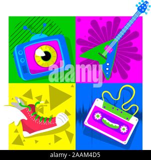 Retro 80's Design with TV set, electric guitar, tennis shoes and tape vector illustration cartoon. Stock Vector