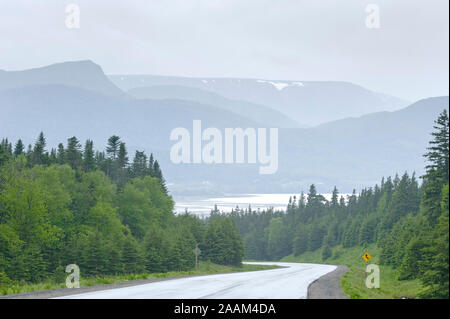 winding road through foggy mountains Stock Photo