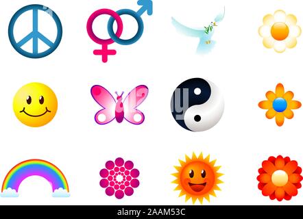 Peace icons set, with man, woman, flower, smiley, butterfly, yin yang, rainbow, sun. Vector illustration cartoon. Stock Vector