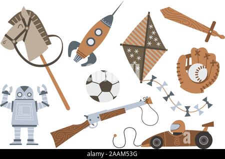 Vintage Wooden Toys Horse Rocket Kite Sword Shotgun Robot Car, vector illustration cartoon. Stock Vector