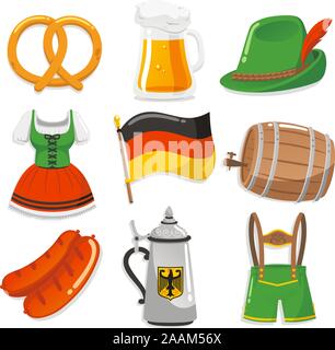 Oktoberfest Design Elements Icons, with pretzel, beer chop, Tyrollean hat with feather, Short waitress dress, German Flag, Beer barrel, sausage, waiter Stock Vector