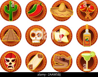 Mexican icon set, with green cactus, Chili pepper, Mariachi Mexican hat, Maracas, Pyramids, Skeleton, skull, Quesadillas, Tequila, Mask, taco, Mayan s Stock Vector