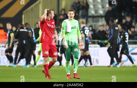 Brugge Belgium November 22 Kevin Vandendriessche Of Kv Oostende And William Dutoit Of Kv Oostende Look Dejected During The Jupiler Pro League Match Day 16 Between Club Brugge And Kv Oostende