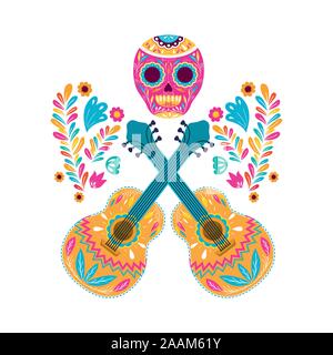 Mexican skull and guitars vector design Stock Vector