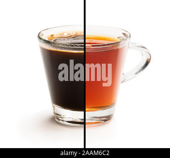 Cup split in half. Tough choice espresso vs cappuccino concept