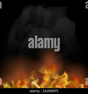 Flame Isolated over Black Background. Hot Red and Yellow Burning Fire with Flying Embers Stock Vector