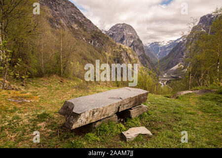 A broken stone bench at Stalheimskleiva in Norway Stock Photo