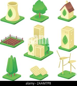 Ecologic city Green Environmental Built Structure Nature Energy Power Generation icons. Vector illustration. Stock Vector