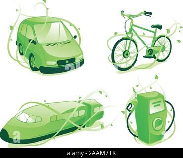 Ecologic transportation, includes green car, train, bicycle, gas pump. Stock Vector