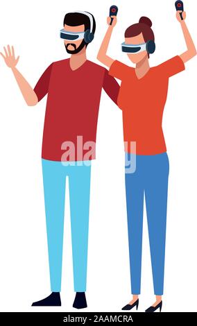 man and woman using technology of augmented reality Stock Vector