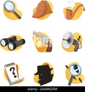 Detective Icon set elements in vector format. With magnifying glass, cap, binoculars, gun, radar, hat, Notepad, pipe, Magnifying Glass, and many more. Stock Vector