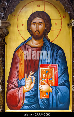 Icon of the Christ Pantocrator (Christ 'Almighty' or 'All-powerful' or 'Ruler of All' or 'Sustainer of the World'). Orthodox Chapel. Stock Photo