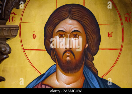 Icon of the Christ Pantocrator (Christ 'Almighty' or 'All-powerful' or 'Ruler of All' or 'Sustainer of the World'). Orthodox Chapel. Stock Photo